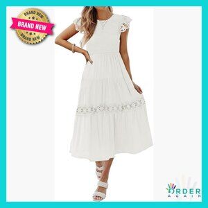 Flowy Midi Dress Boho Flutter Sleeve Smocked Lace A-Line Casual Elegant